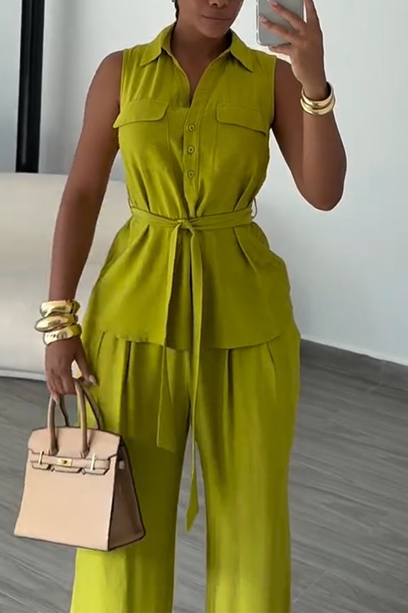 Women Collar Sleeveless Top + Wide Leg Pants Casual Set with Temperament