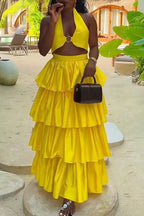 Women Neck Hanging Top + Patchwork Half Skirt Elegant Casual Vacation Casual Style Set