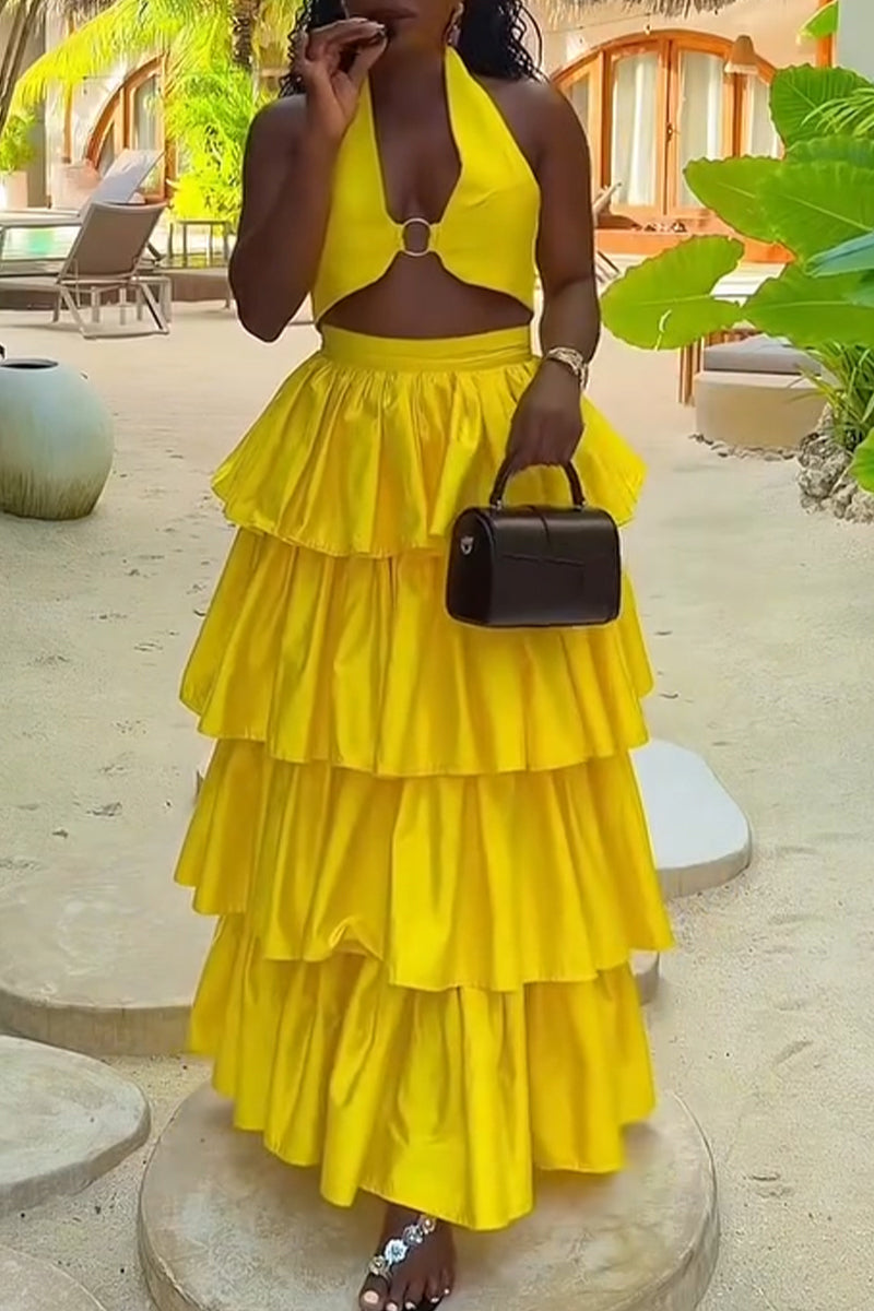 Women Neck Hanging Top + Patchwork Half Skirt Elegant Casual Vacation Casual Style Set