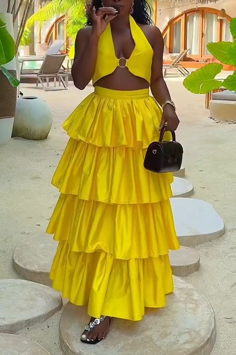 Women Neck Hanging Top + Patchwork Half Skirt Elegant Casual Vacation Casual Style Set