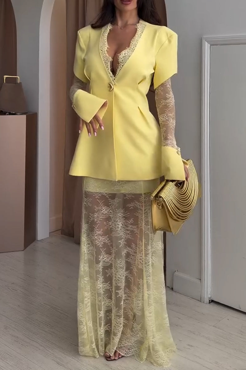 Women V-neck Patchwork Lace Blazer + Half Skirt Elegant Temperament Formal Suit
