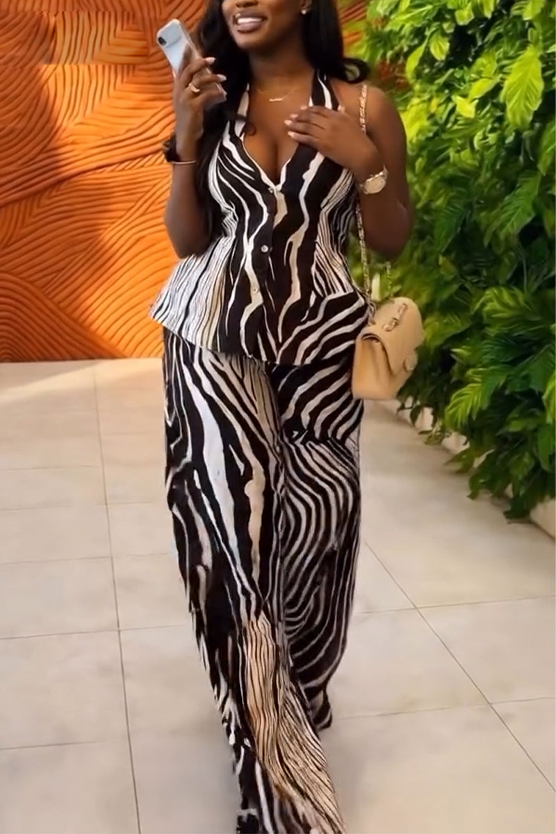 Women Neck Hanging Sleeveless Zebra Print Top+ Wide Leg Pants Casual Suit