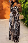 Women Neck Hanging Sleeveless Zebra Print Top+ Wide Leg Pants Casual Suit