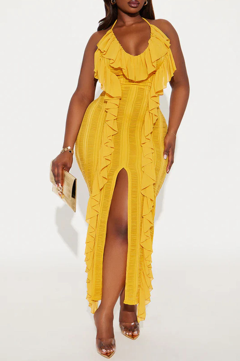 Women's Fashion Deep V-Neck Bodycon Ruffle Evening Dress