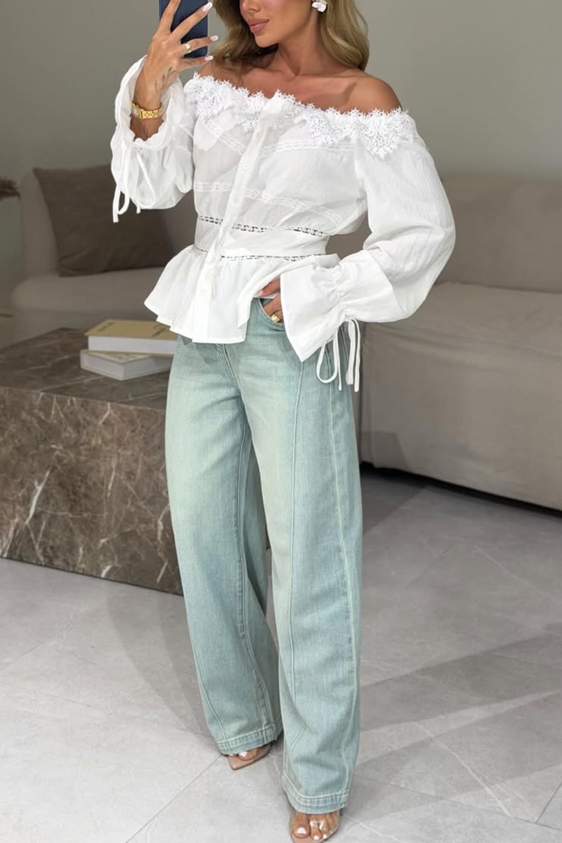 Women Casual One-piece Collar Patchwork Lace Patterned Top or Washed Patchwork Jeans