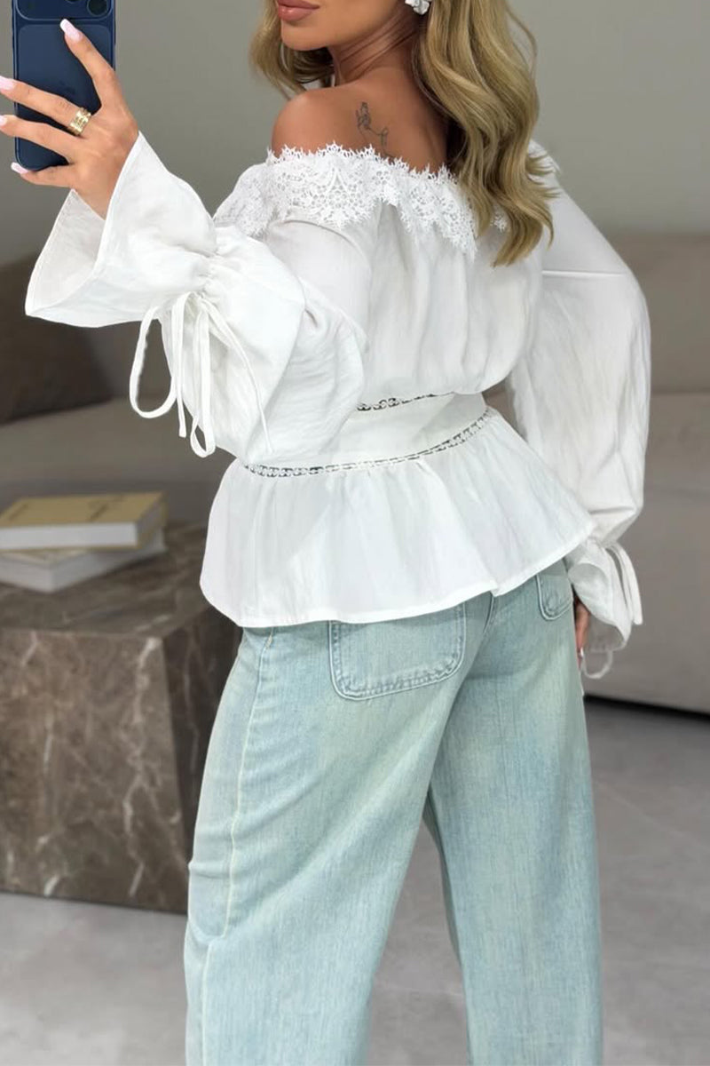 Women Casual One-piece Collar Patchwork Lace Patterned Top or Washed Patchwork Jeans