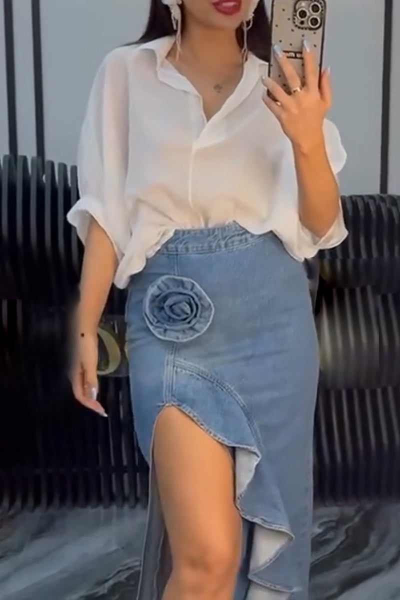 Women Elegant Casual Collar Shirt or Irregular Slit Denim Half Skirt