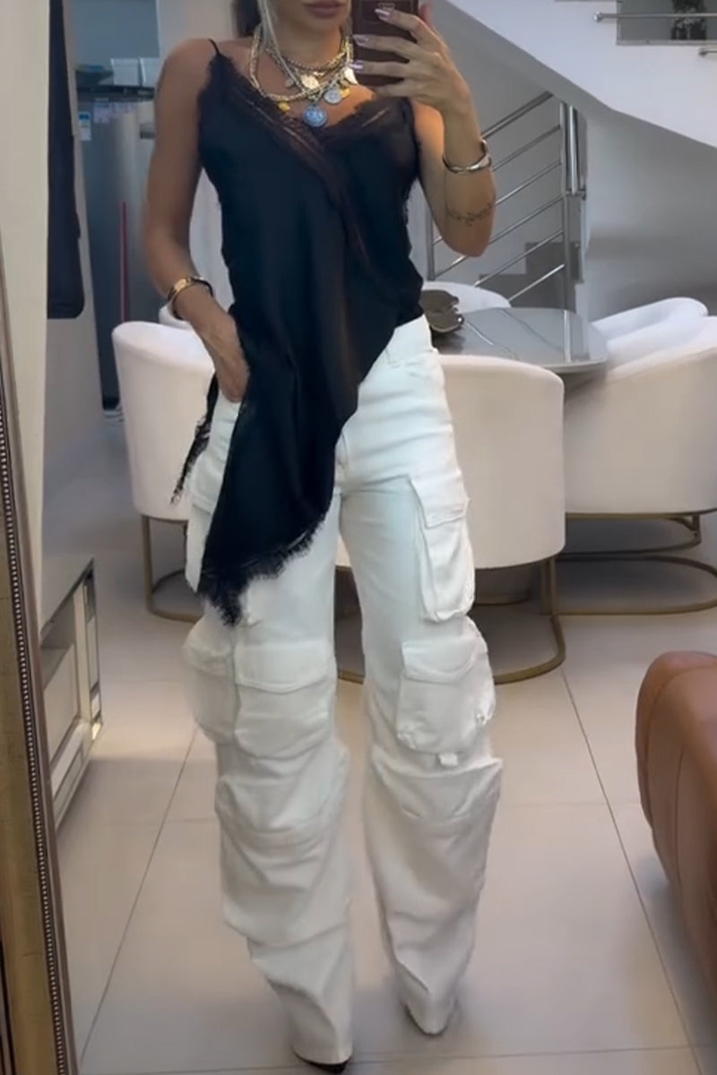 Women Camisole Patchwork Lace Irregular Top or Multi Pocket Patchwork Wide Leg Jeans