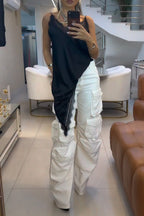 Women Camisole Patchwork Lace Irregular Top or Multi Pocket Patchwork Wide Leg Jeans