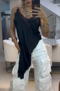 Women Camisole Patchwork Lace Irregular Top or Multi Pocket Patchwork Wide Leg Jeans