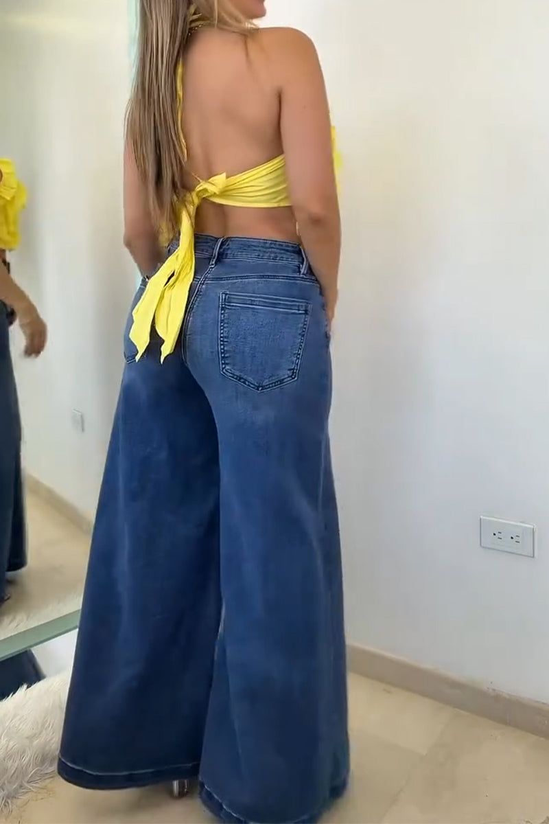 Women Casual Hanging Neck Patchwork Ruffle Edge Short Top or Wide Leg Jeans
