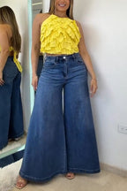 Women Casual Hanging Neck Patchwork Ruffle Edge Short Top or Wide Leg Jeans