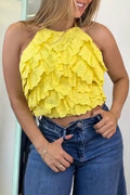 Women Casual Hanging Neck Patchwork Ruffle Edge Short Top or Wide Leg Jeans