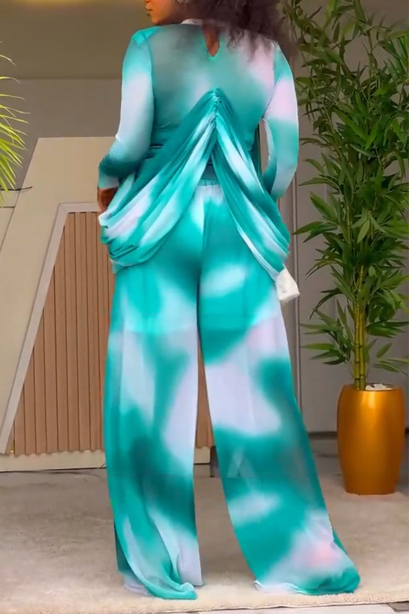 Women Round Neck Patchwork Gradient Blend Top + Wide Leg Pants Elegant Casual Set