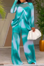 Women Round Neck Patchwork Gradient Blend Top + Wide Leg Pants Elegant Casual Set