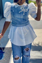 Women's Denim Combo Blouse with Collar, Puff Sleeves and Peplum Hem