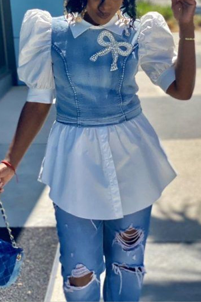 Women's Denim Combo Blouse with Collar, Puff Sleeves and Peplum Hem