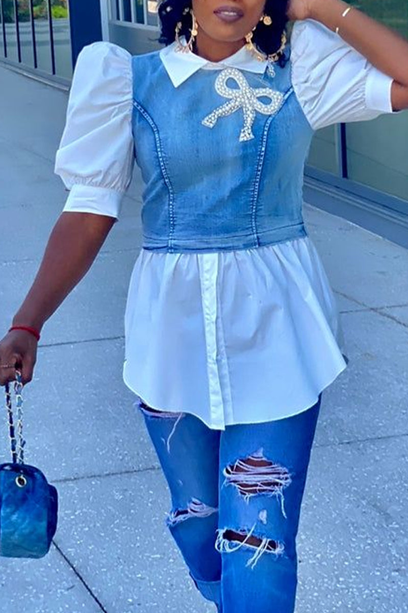 Women's Denim Combo Blouse with Collar, Puff Sleeves and Peplum Hem