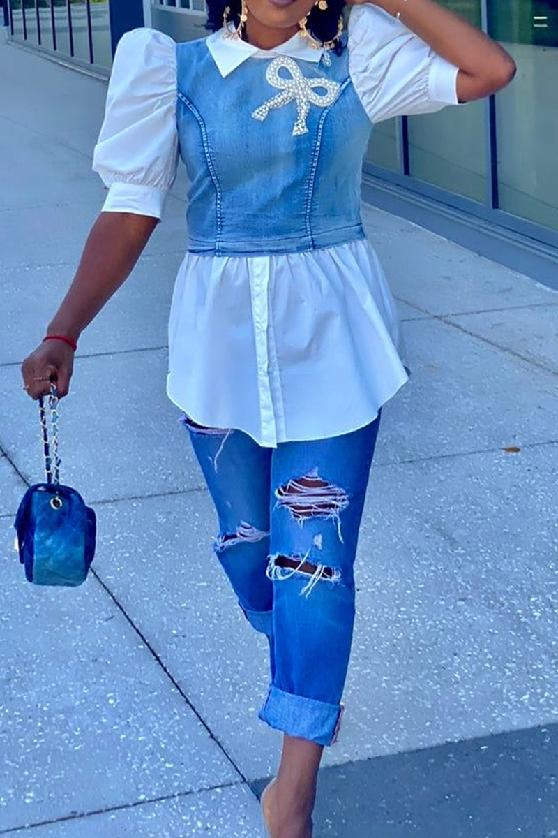 Women's Denim Combo Blouse with Collar, Puff Sleeves and Peplum Hem