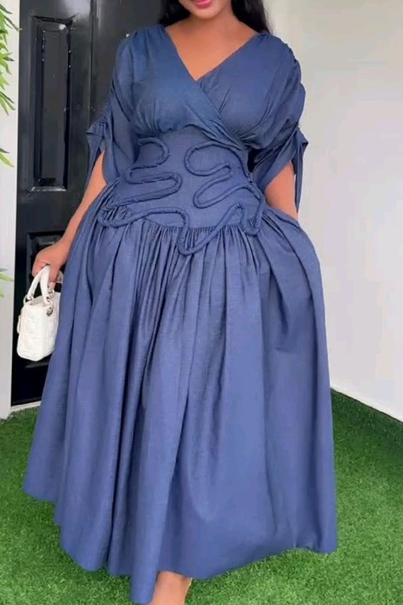 Women's Chambray Midi Dress with Sculptural Waist Detail & Ruched Sleeves
