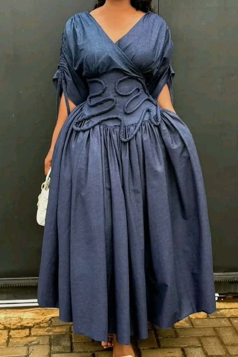 Women's Chambray Midi Dress with Sculptural Waist Detail & Ruched Sleeves