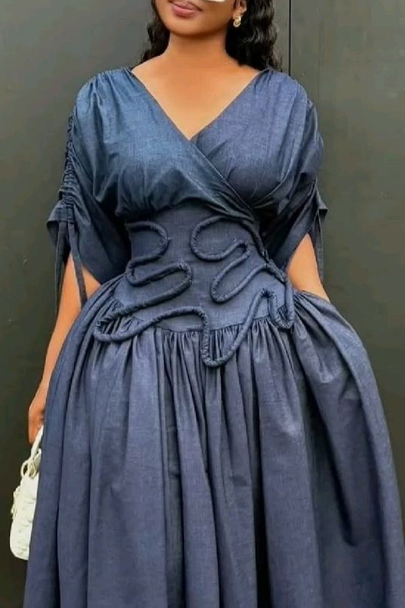 Women's Chambray Midi Dress with Sculptural Waist Detail & Ruched Sleeves