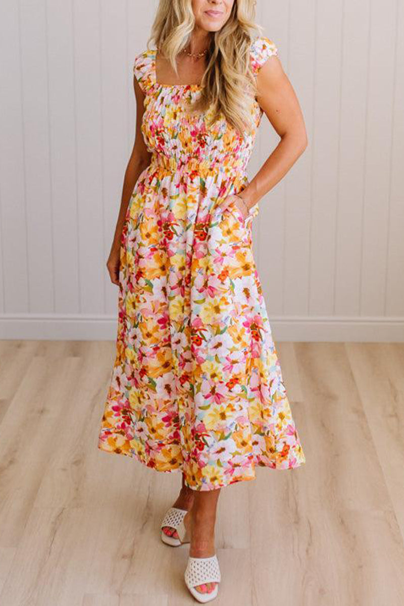 Womens Square Neck Sleeveless Printed Elegant Casual Maxi Dresses