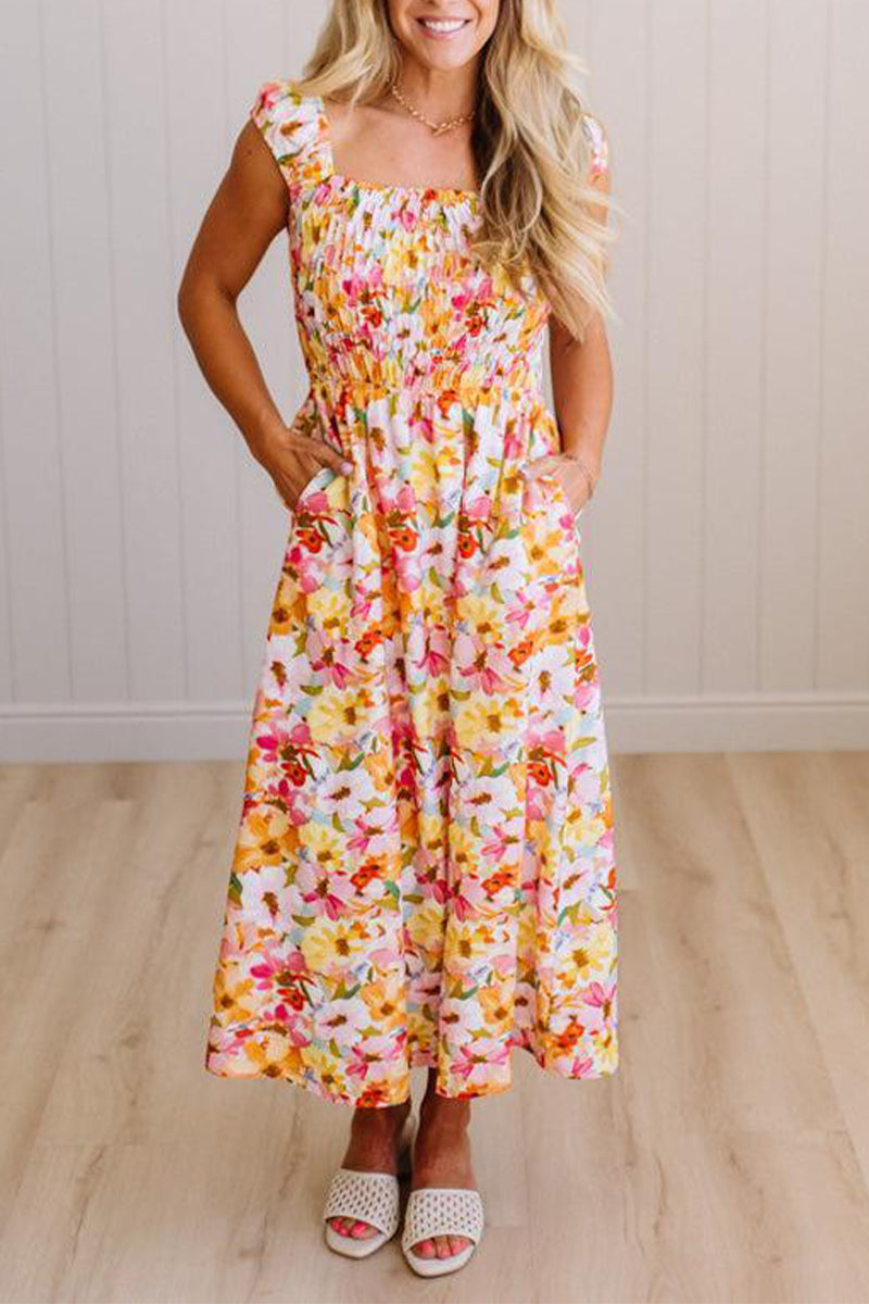 Womens Square Neck Sleeveless Printed Elegant Casual Maxi Dresses