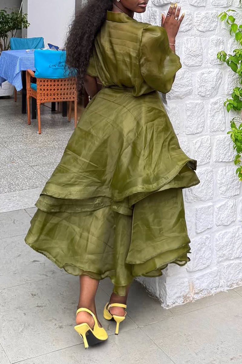 Women Round Neck Patchwork Bubble Sleeves Solid Color Elegant Temperament Dress