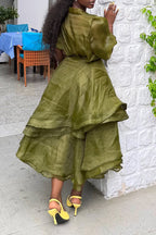 Women Round Neck Patchwork Bubble Sleeves Solid Color Elegant Temperament Dress