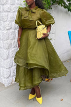 Women Round Neck Patchwork Bubble Sleeves Solid Color Elegant Temperament Dress