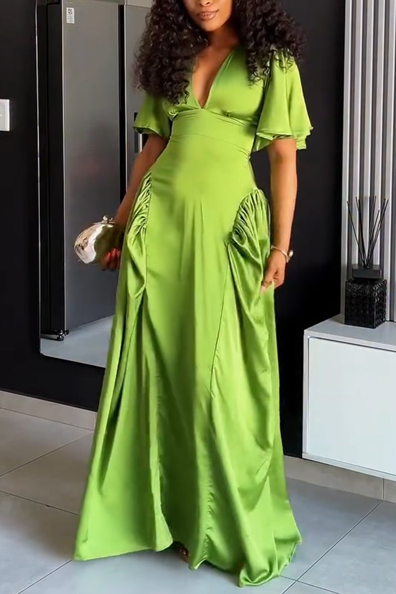 Womens Deep V-neck Patchwork Solid Color Elegant Temperament Dress
