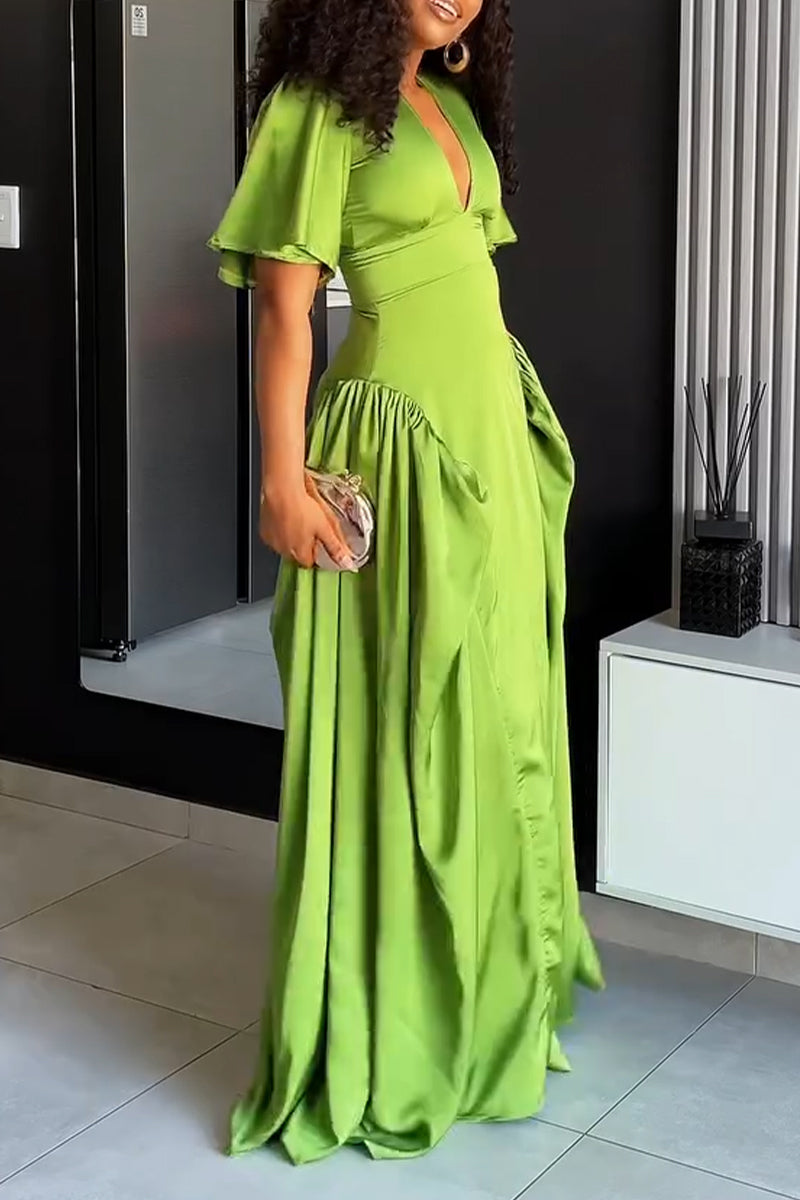 Womens Deep V-neck Patchwork Solid Color Elegant Temperament Dress