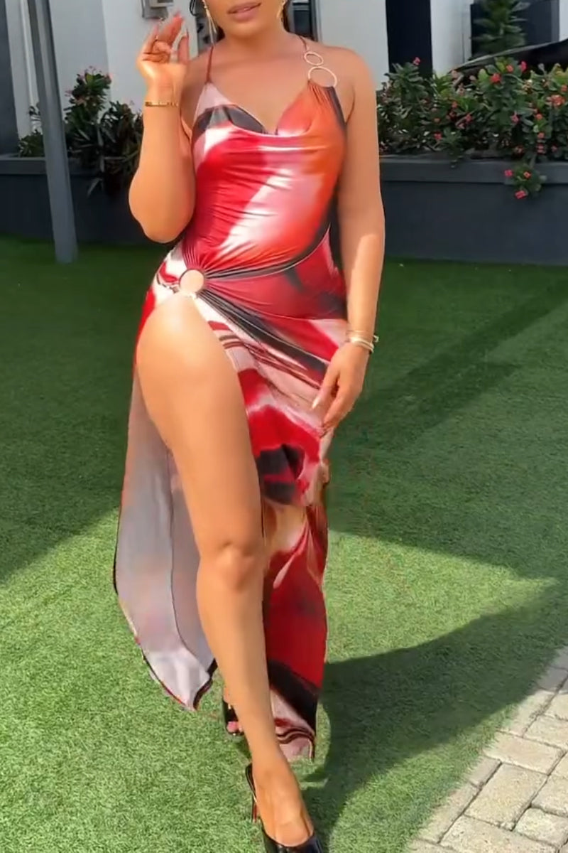Women Neck Hanging Printed Slit Sexy Casual Vacation Style Dress