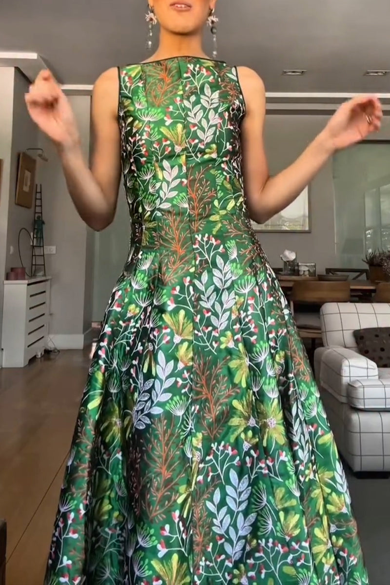 Women's Elegant Satin Botanical Print A Line Hem Dress