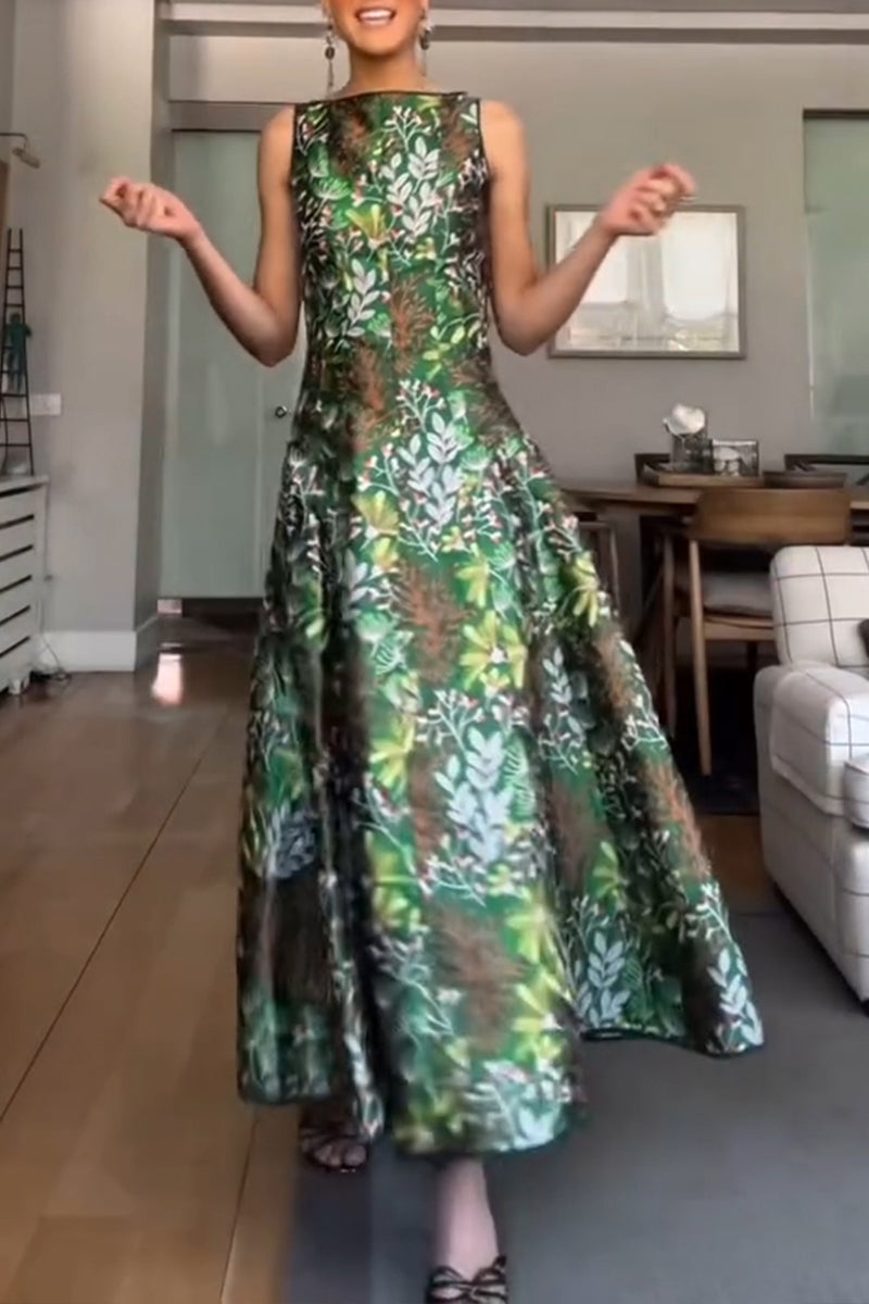 Women's Elegant Satin Botanical Print A Line Hem Dress