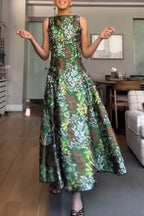 Women's Elegant Satin Botanical Print A Line Hem Dress