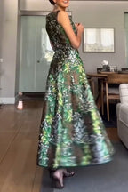 Women's Elegant Satin Botanical Print A Line Hem Dress