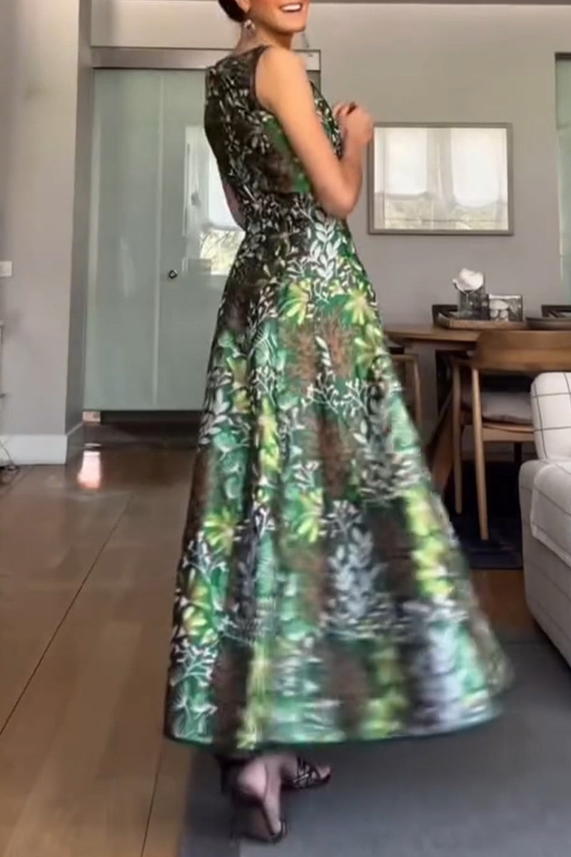 Women's Elegant Satin Botanical Print A Line Hem Dress