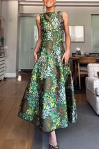 Women's Elegant Satin Botanical Print A Line Hem Dress