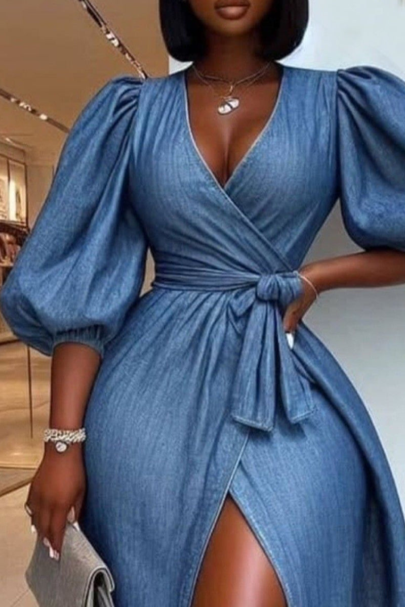 Women's Denim Wrap Dress with Balloon Sleeves & Side Slit