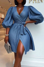 Women's Denim Wrap Dress with Balloon Sleeves & Side Slit