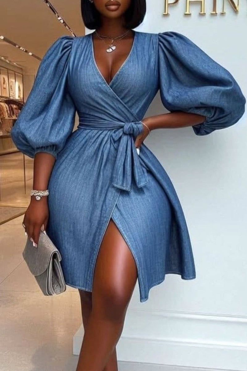 Women's Denim Wrap Dress with Balloon Sleeves & Side Slit