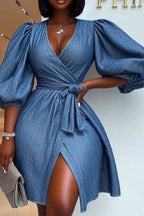Women's Denim Wrap Dress with Balloon Sleeves & Side Slit