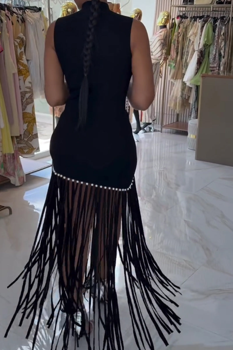 Women's High Neck Fringe Dress with Fitted Bodice and Pearl Accent