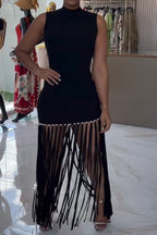 Women's High Neck Fringe Dress with Fitted Bodice and Pearl Accent