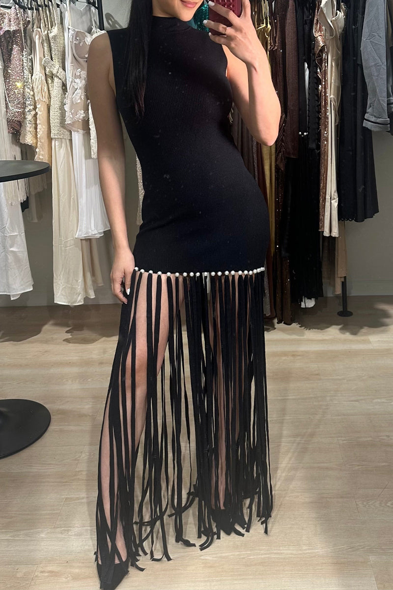 Women's High Neck Fringe Dress with Fitted Bodice and Pearl Accent