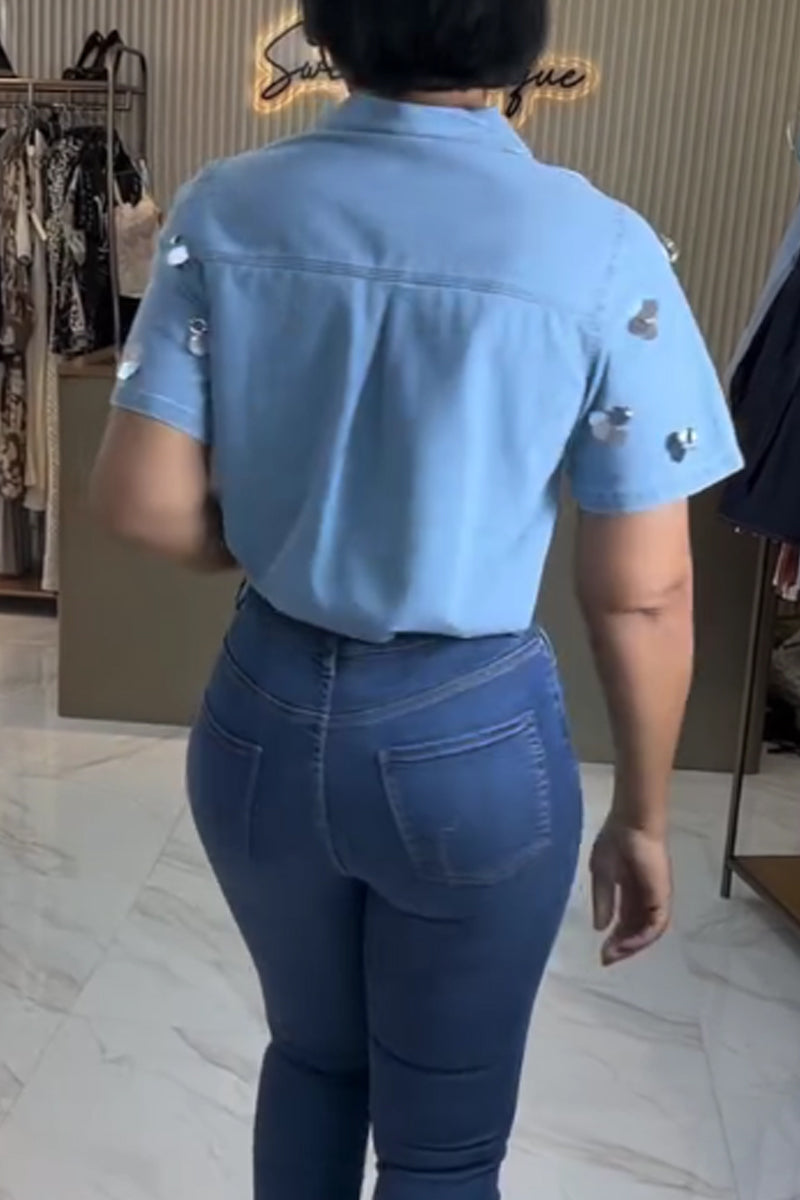 Women's Button-Up Denim Shirt with 3D Mirror Patch Details