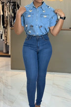 Women's Button-Up Denim Shirt with 3D Mirror Patch Details