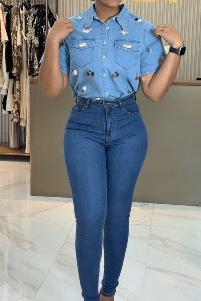 Women's Button-Up Denim Shirt with 3D Mirror Patch Details